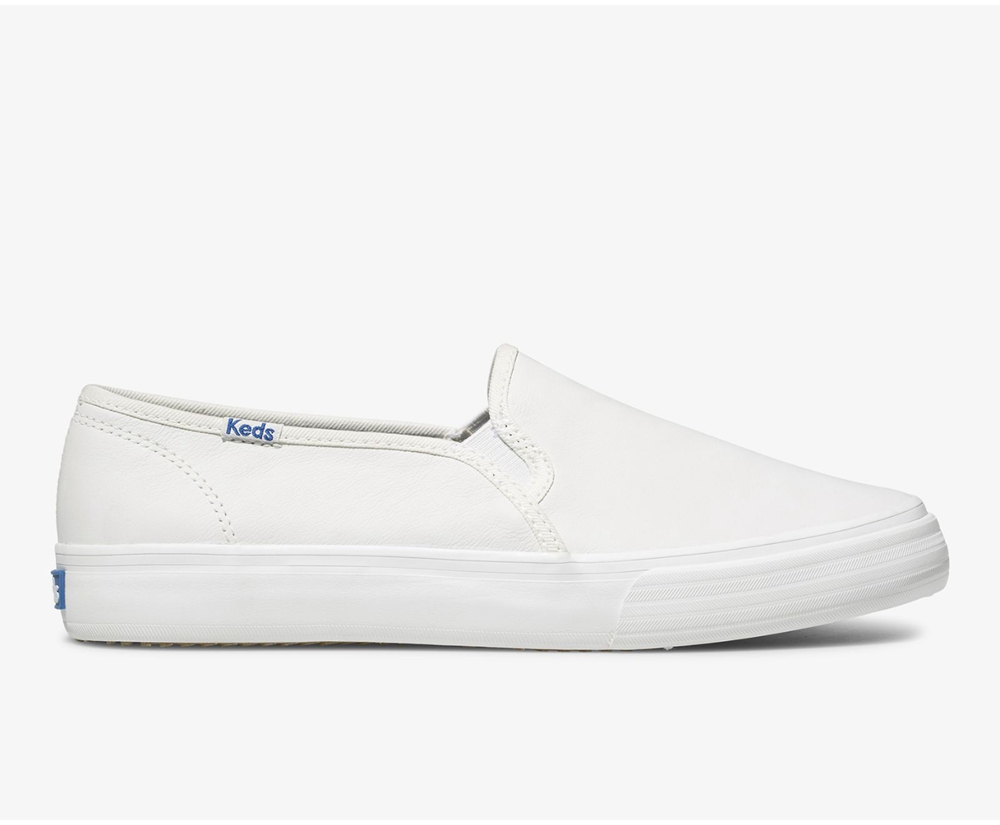 Keds Womens Slip Ons White - Double Decker Leather - 532ULFDXJ